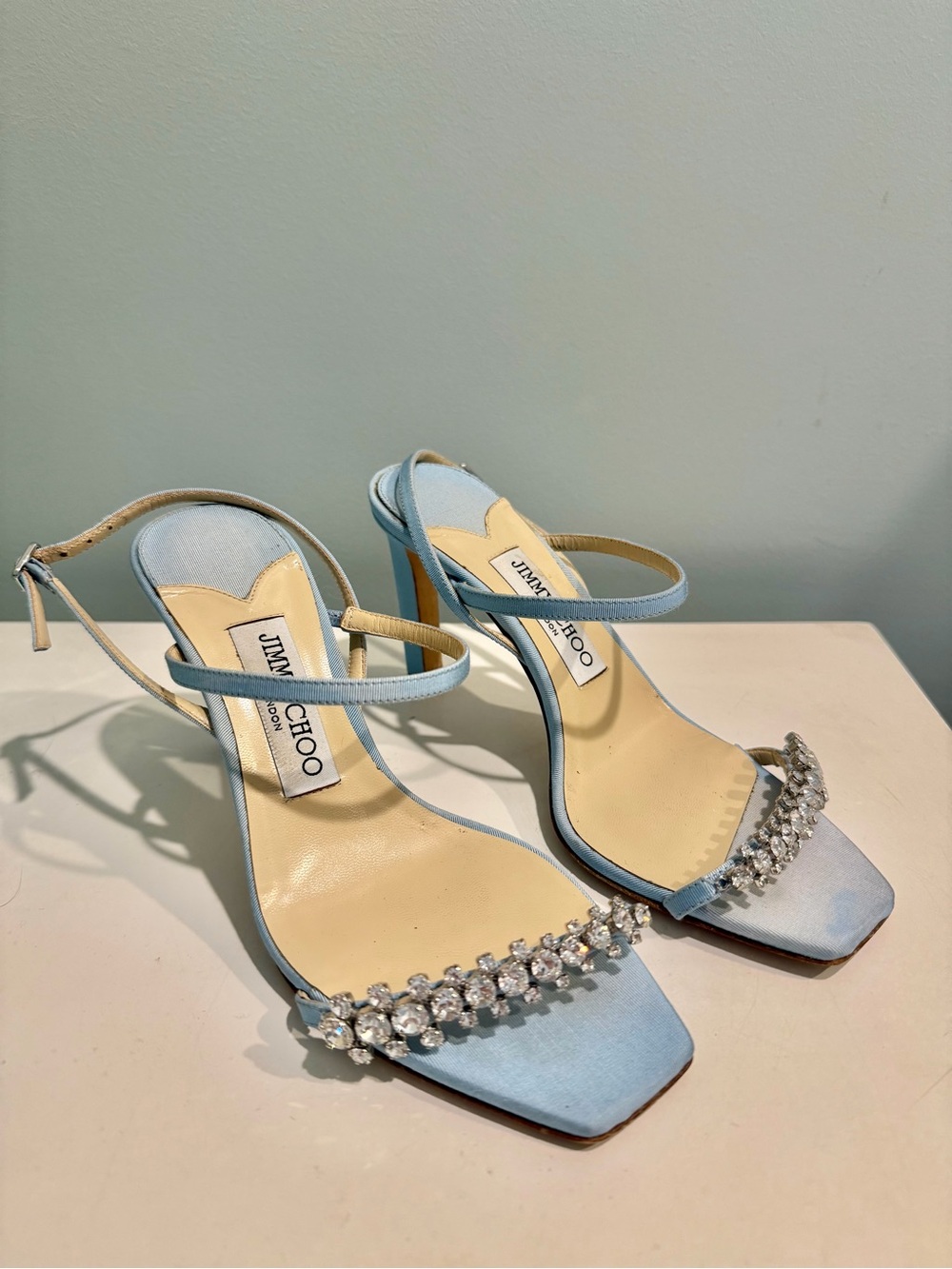 Jimmy Choo Pale Blue Crystal-Embellished Strappy Heels